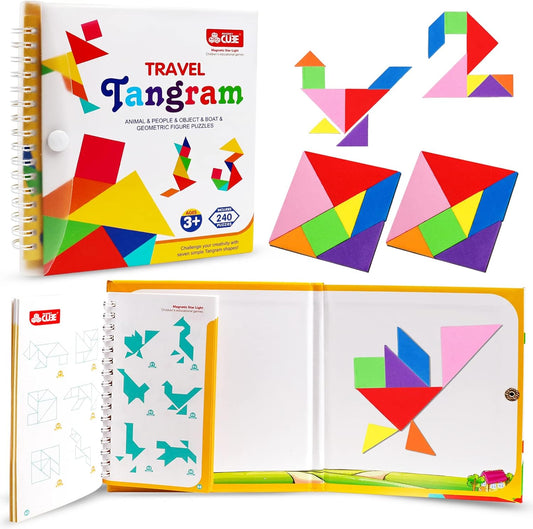 Travel Tangram Puzzle,Magnetic Puzzle Book Game Road Trip Game Jigsaw Shapes Dissection STEM Games with Solution IQ Educational Toy for Kid Adult Challenge Brain Teasers 240 Patterns(2Pcs Tangrams)