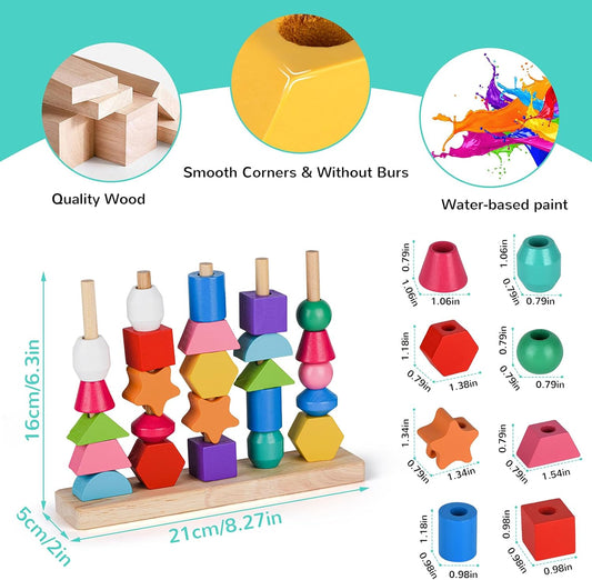 Montessori Bead Sequencing Toy Set, Wooden Stacking Blocks & Lacing Beads & Matching Shape Colors Stacker, Montessori Toys for 2 3 4 5 Year Old, Toddlers Preschool Learning Fine Motor Skills Toys