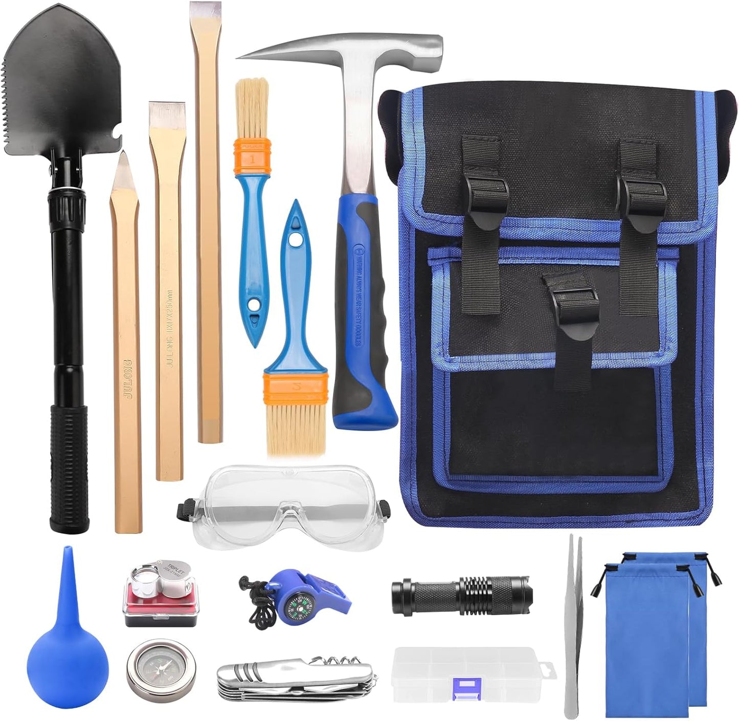 19 PCS Geology Rock Hammer Kit, 24oz Rock Pick Hammer, 3 Digging Chisels, Folding Shovel, Rock Hounding Tools with Brushes, Pocket Knife, Tweezers, Loupe, Goggles,Whistle, Shoulder Bag