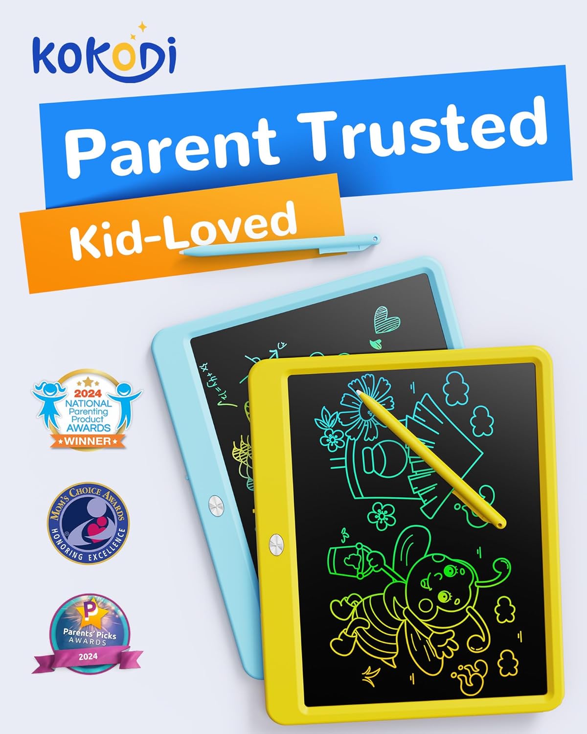 KOKODI LCD Writing Tablet, 12 Inch Colorful Toddler Doodle Board Drawing Tablet, Erasable Reusable Electronic Drawing Pads, Educational and Learning Toy for 3-6 Years Old Boy and Girls(Blue)