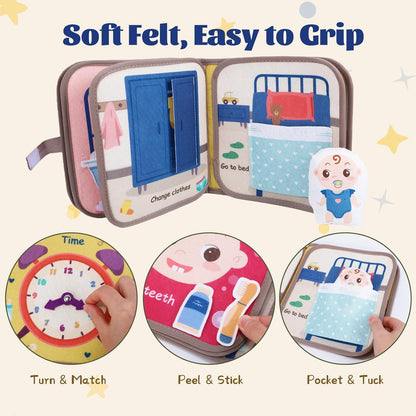 NewFamily Baby's Day Busy Book for Toddlers -MontessoriQuiet Book with 8 Daily Routines, Fine Motor & Life Skills.Screen-Free Travel Toy for Airplane & Car, Gifts for 2-4 YearOld Boys & Girls