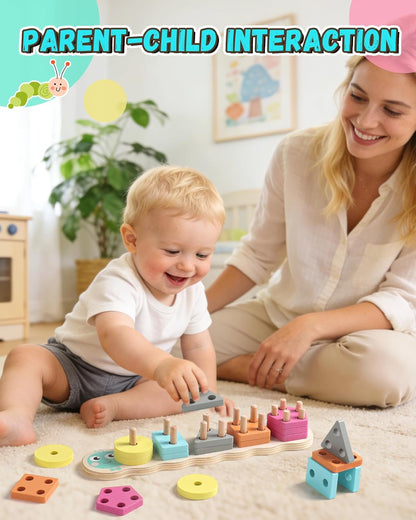 Zeewoo 1 Year Old Girl Boy Gifts Montessori Educational Toys for 1 2 Year Old Caterpillar Wooden Shape Sorter Stacking Toys for Toddlers 1-3 Preschool Learning Toy Birthday Gift