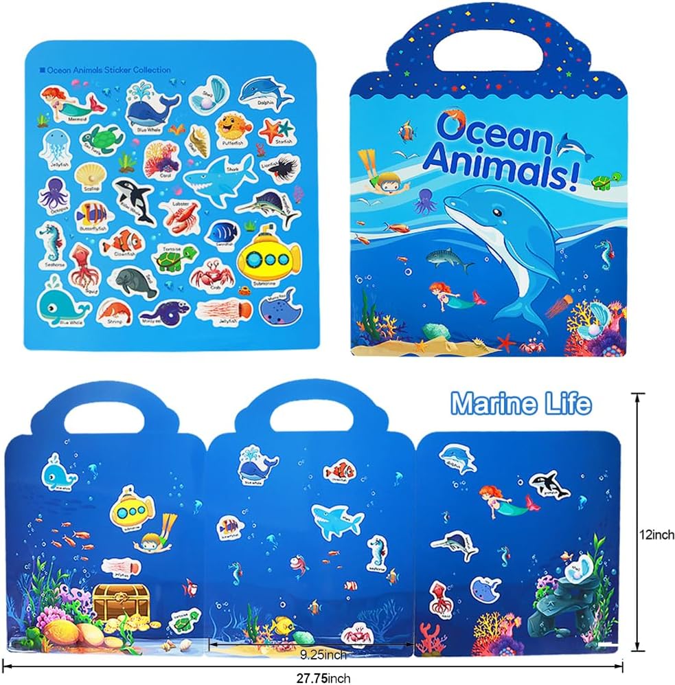 RUSON Reusable Sticker Book for Kids, 2 Sets Educational Learning Toys Travel Stickers Activity Books for Toddler Girls Boys Age 3+ Birthday Gifts - Vehicle & Dinosaur