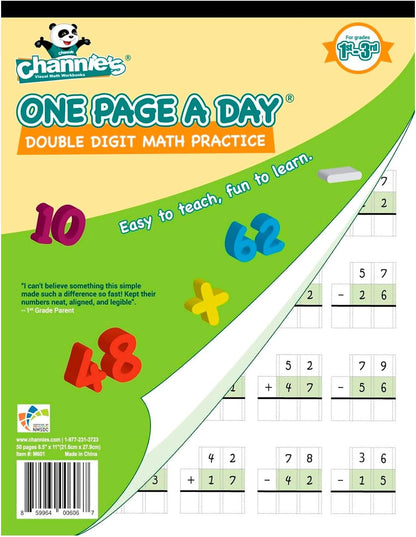 Channie's One Page A Day Double Digit Math Problem Workbook for 1st Graders, 2nd Graders, and 3rd Grade Simply Tear Off On Page a Day For Math Repetition Exercise! Addition and Subtraction Workbook