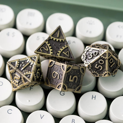 UDIXI Steampunk Metal Dice Set, 7 Die Polyhedral DND Dice Set for D&D Role Playing Game and Math Teaching (Ancient Copper)