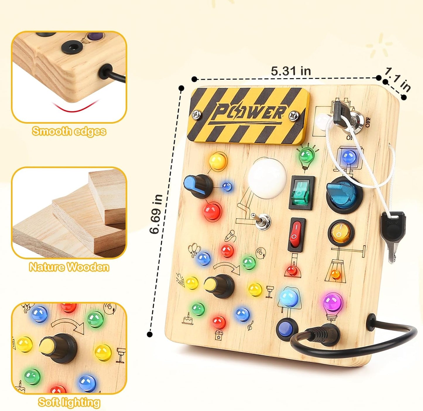 Sanlebi LED Busy Board for Toddlers 1-3,Montessori Toy with Key Switch, Light Up Wood Activity Sensory Board for Fine Motor Skills, Educational Travel Toy Gift for 1 2 3 Year Old Boys Girl