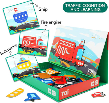 Toi Kids Magnet Toys Magnetic Jigsaw Puzzle Boxes with Game Board for Kids Ages 3-8, Portable Travel Game, Transport
