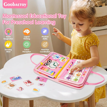 Montessori Busy Board - Sensory Learning Toys for Toddlers 3-6 Years-10 Pages-32 Activities, Airplane Car Travel Educational Toys for Autism, 3 Years Boy Birthday Gift (Cyan)