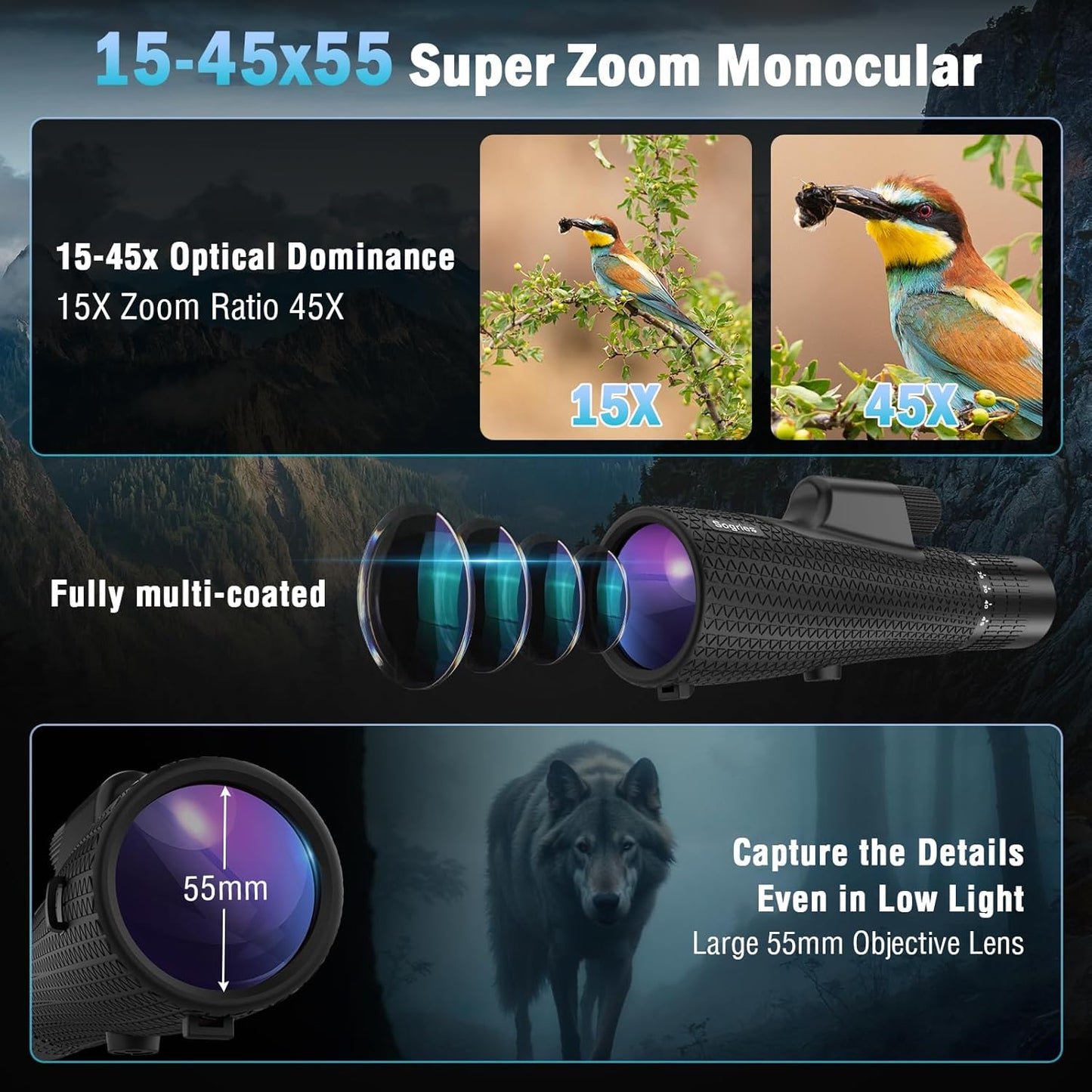 15×55 Monocular Telescope, HD High Powered with Tripod and Phone Adapter, BAK4 Prism, Waterproof & Fogproof, Lightweight for Bird Watching Hunting Hiking and Landscape Photography