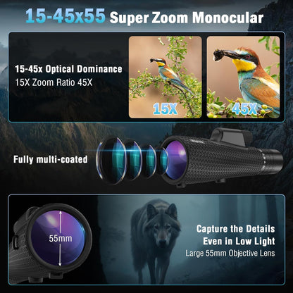 15×55 Monocular Telescope, HD High Powered with Tripod and Phone Adapter, BAK4 Prism, Waterproof & Fogproof, Lightweight for Bird Watching Hunting Hiking and Landscape Photography