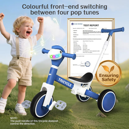 Tricycle for Toddlers 1-3 Year Olds, 5 in 1 Toddler Balance Bike 2-4 Years Old Boys Girls, Push Trike Toys with Adjustable Handle, Birthday Gifts for 2 3 4 5 Year Old Kids Bike (Blue)
