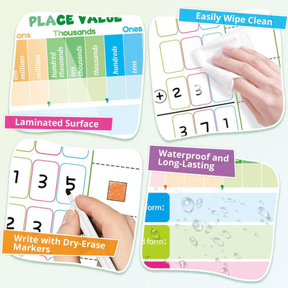12 Packs Place Value Chart Math Manipulatives 1st 2nd 3rd, Math Games for Kids Addition and Subtraction Flash Cards, Classroom Must Haves Homeschool Supplies White Board Dry Erase Sheets