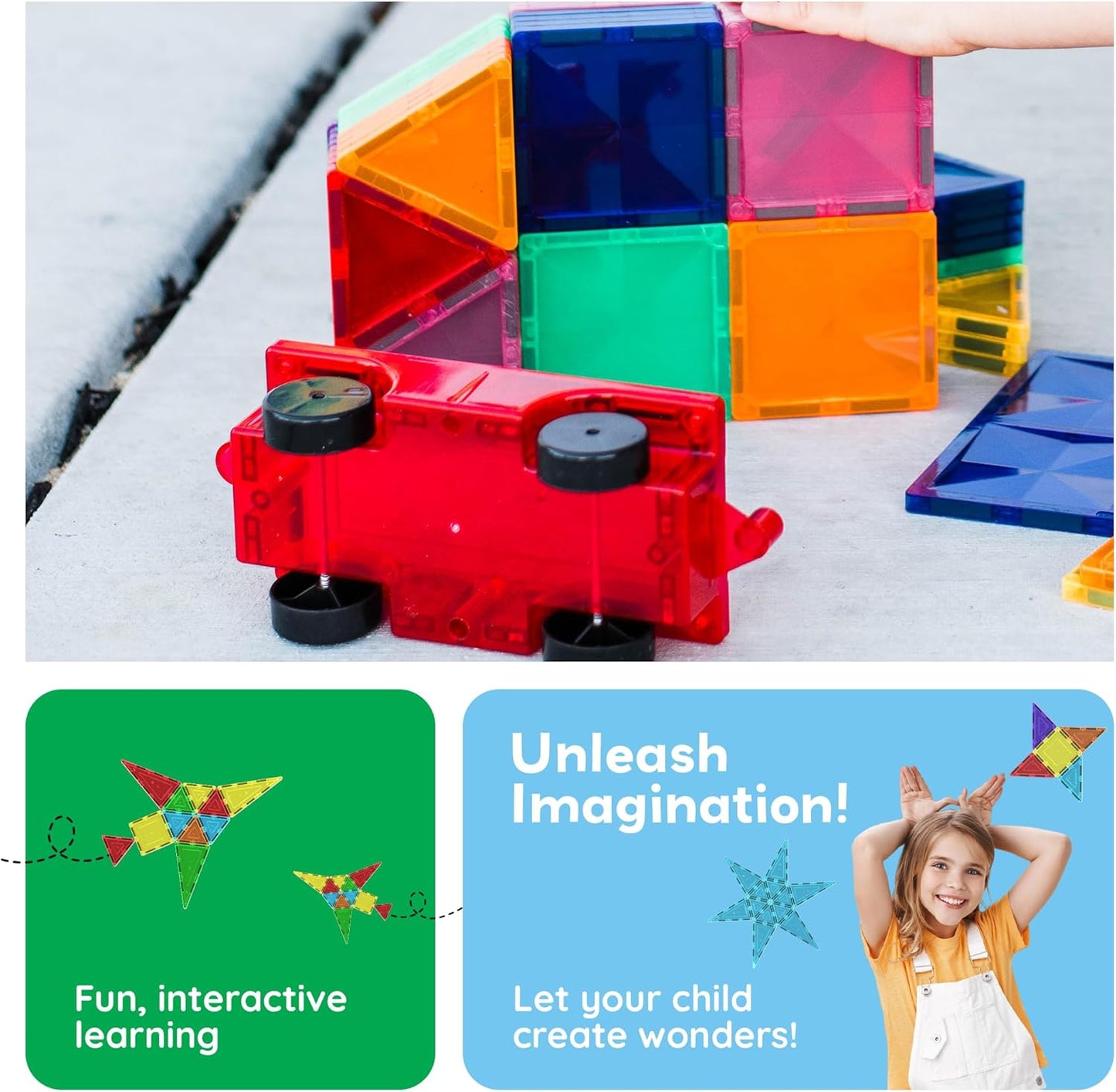 PicassoTiles 2 Piece Car Truck Construction Kit Toy Set Vehicle for Magnetic Blocks Building Tile Sensory Magnet Toys with Re-Enforced Hitch & Long Bed Educational Puzzle Girls Boys Toddlers Ages 3+