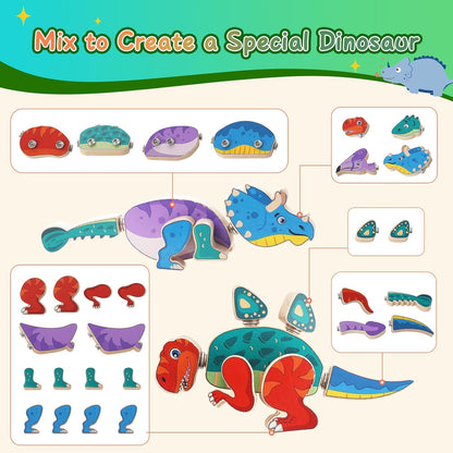Wooden Dinosaur Blocks, Snap Together Building Toys, Dinosaur Take Apart Toy Playset for Kids, Fine Motor Skill STEM Learning Toys for Toddlers Gift for 3 4 5 6 Years Kids