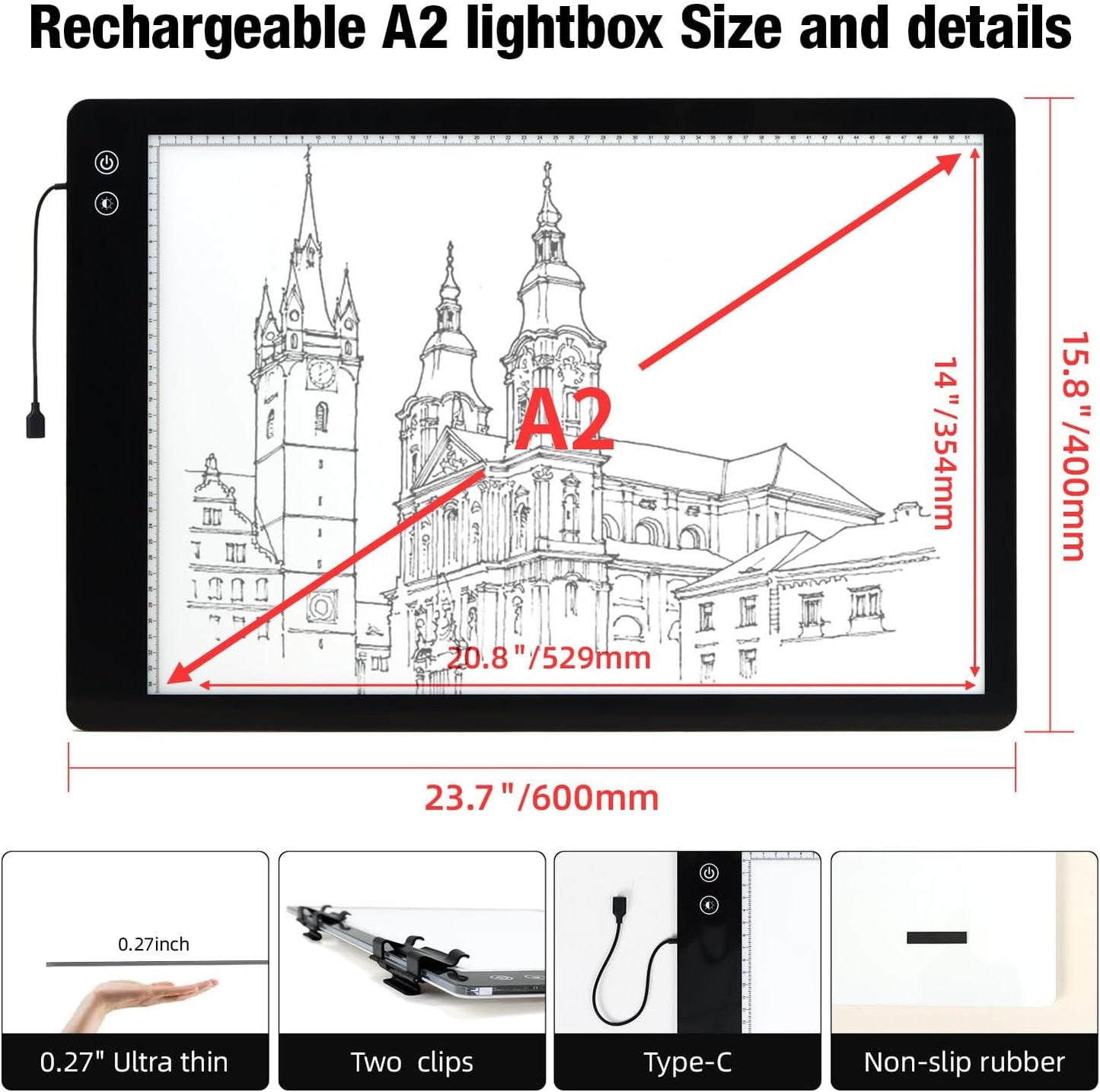 Rechargeable A3 Light Pad for Diamond Painting,Tracing Light Box with Stand and Clip,3 Colors Stepless Dimmable and 6 Levels of Brightness Light Board for Artists,Drawing,Sketching,Animation