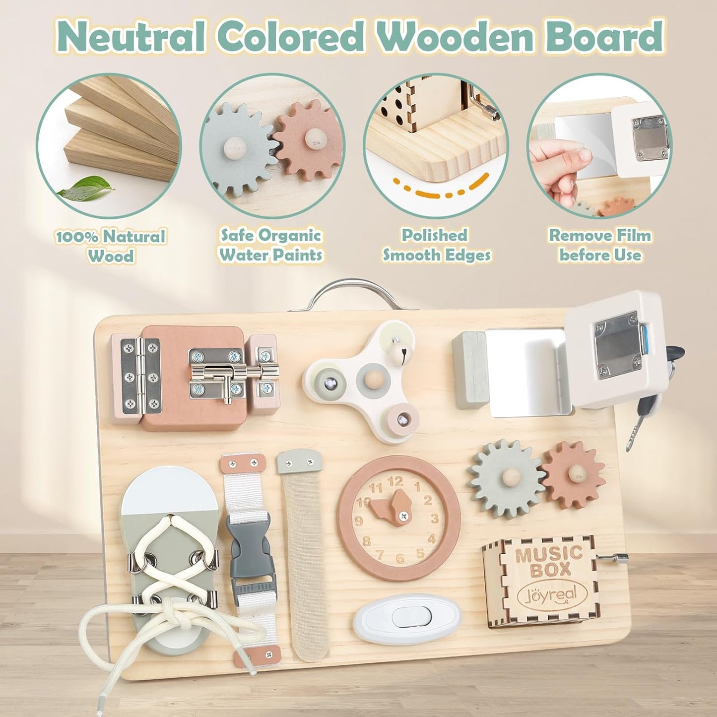 Joyreal Wooden Busy Board for Toddlers, Montessori Toys for 1 2 3 Year Old, Sensory Activity Board with Music Box & 10 Motor Skill Activities, Educational Travel Toys Gift for Boys Girls