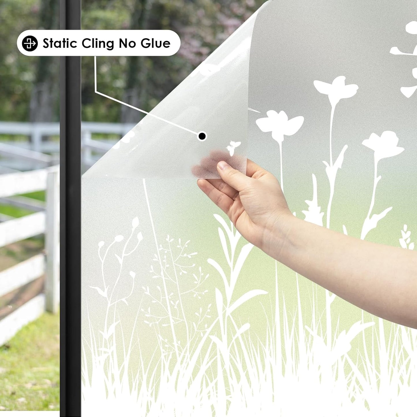 DKTIE Window Privacy Film Flowers Pure White Pattern Stained Glass Window Film Decorative Frosted Glass Window Film Sun Blocking Heat Control Static Cling (A274, 17.5" x 78.7")