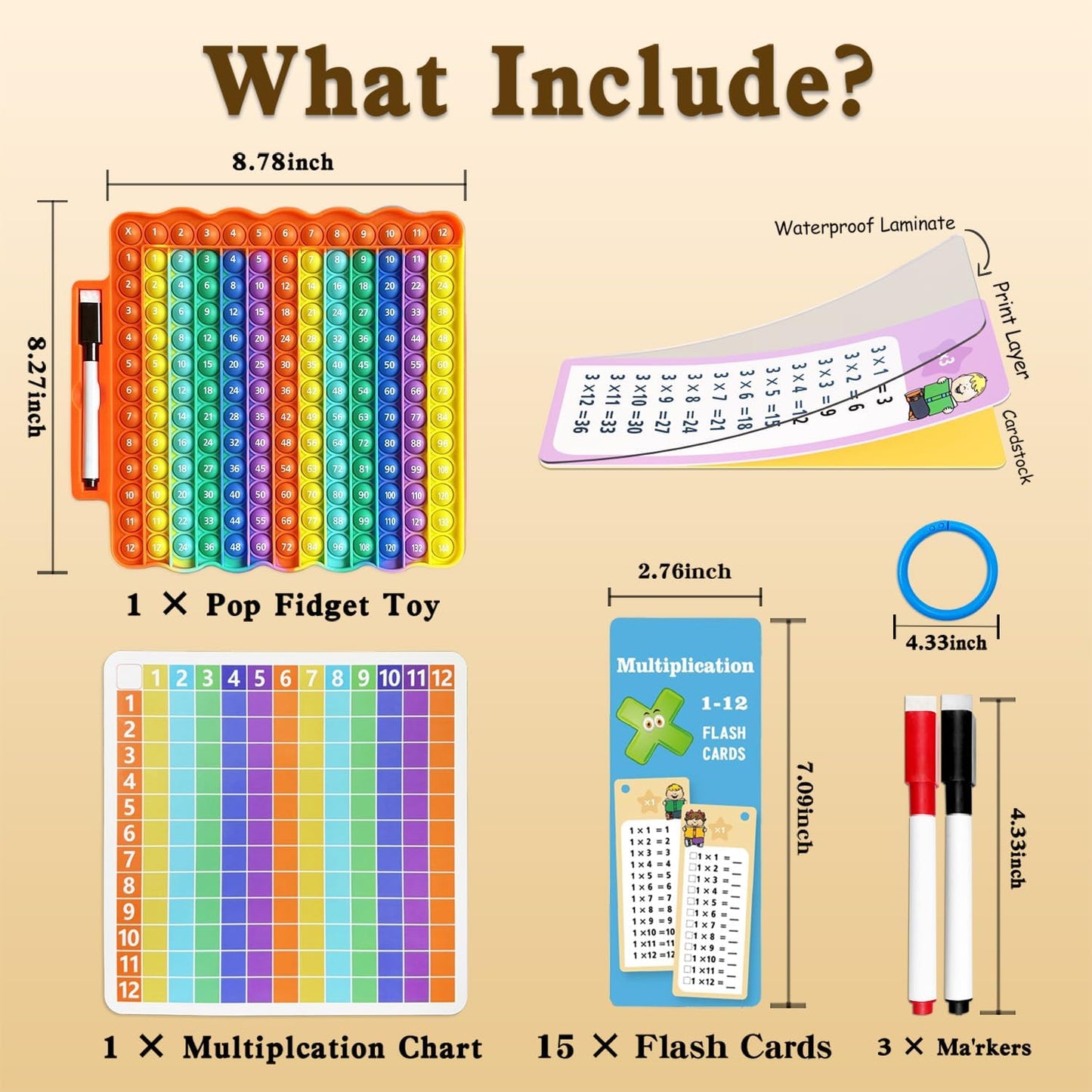 Multiplication Flash Cards + Pop Fidget Multiplication Chart, Times Table Educational Flashcard 3rd Grade, 4th, 5th, 6th Grade