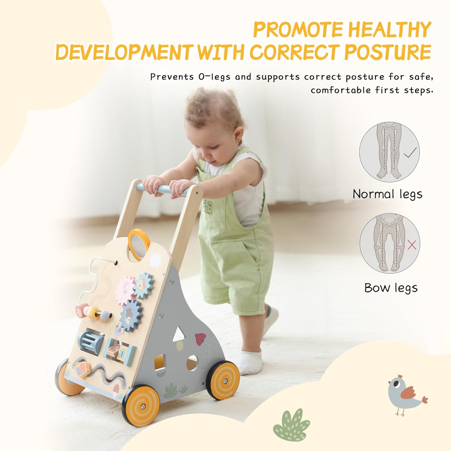 Wooden Baby Push Walker and Toddler Pull Learning Activity Toy - Develop Motor Skills & Creativity - Multiple Activities Center for 1-3 Years Old Boys and Girls