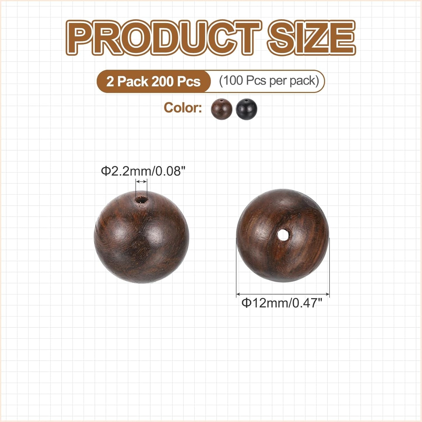 HARFINGTON 200pcs Round Wooden Beads, 10mm Dia Small Wood Beads for DIY Crafts, Bracelet, Wristlet, Necklace, Jewelry Making, Khaki Brown&Black
