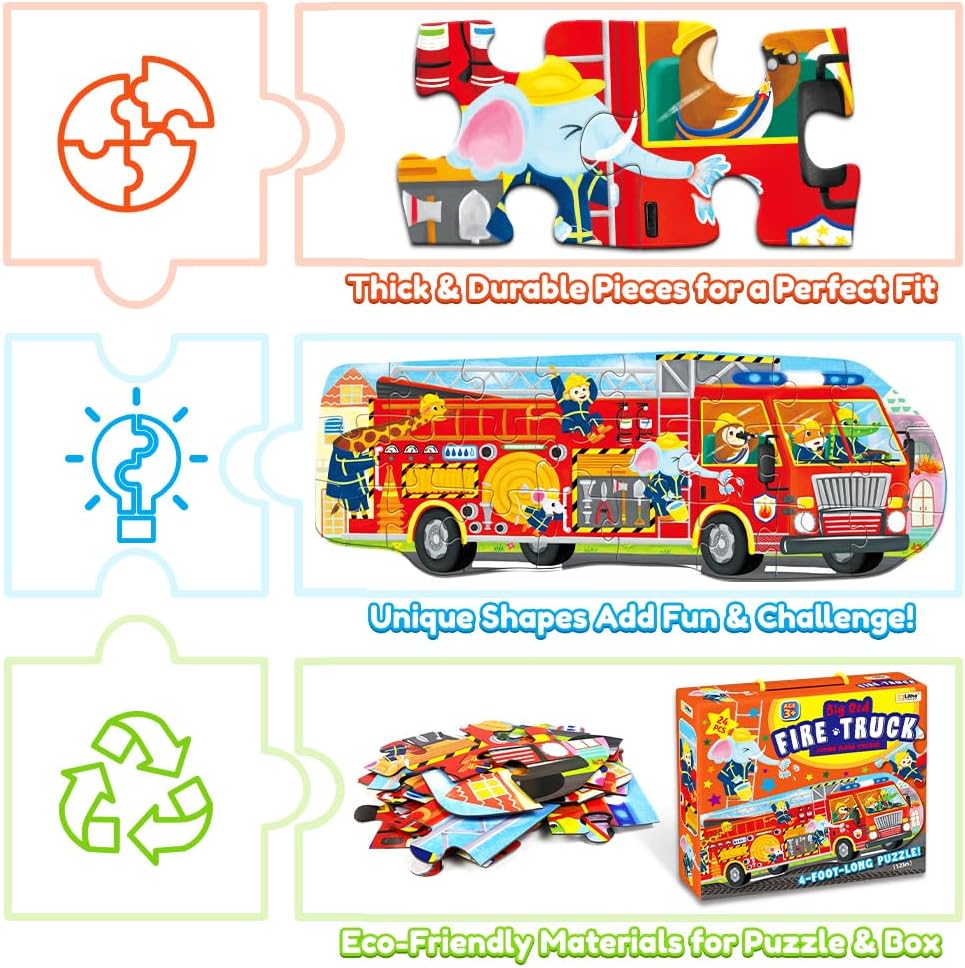 Big Red Fire Truck 4-Foot Long Jumbo Floor Puzzle - 24 Extra-Large Pieces, Fun Educational Toy for Kids Ages 3+, Durable & Easy to Assemble