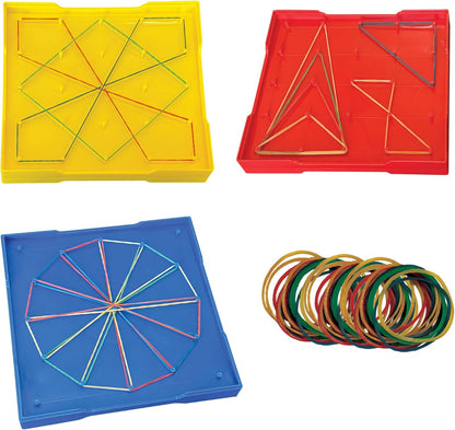 Thames & Kosmos Kids First Math: Large Double-Sided Geoboard Set for Preschoolers Ages 3 to 5 | Intuitive, Visual Method for Learning Basic Geometry | Includes Three 7-inch Square Boards, Rubber Bands