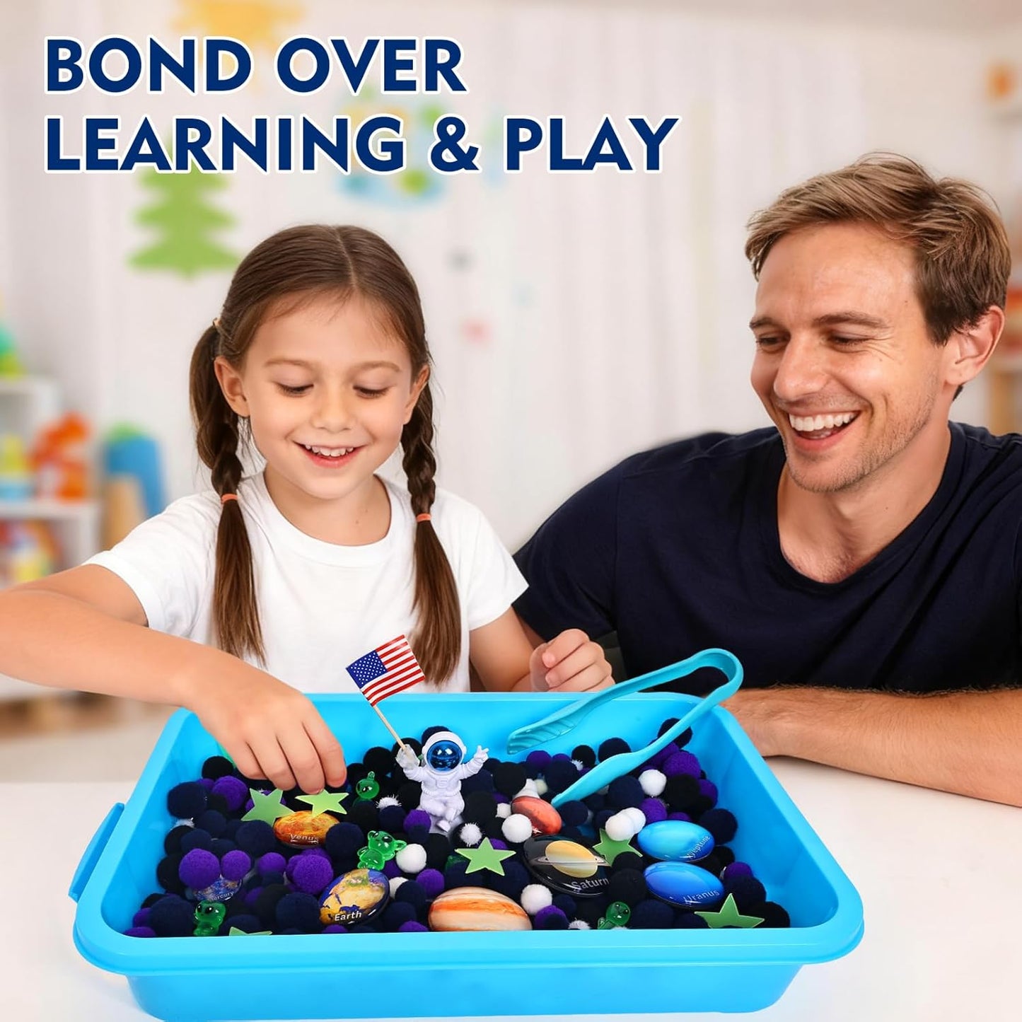 Space Sensory Bin for Toddler, Science Themed with 8 Planets & Star Map, No-Mess Soft Pom Poms for Preschool Learning, Gifts for Boys Girls Age 3 4 5 6+