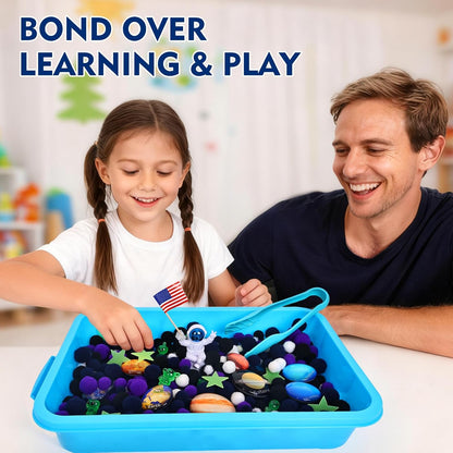 Space Sensory Bin for Toddler, Science Themed with 8 Planets & Star Map, No-Mess Soft Pom Poms for Preschool Learning, Gifts for Boys Girls Age 3 4 5 6+