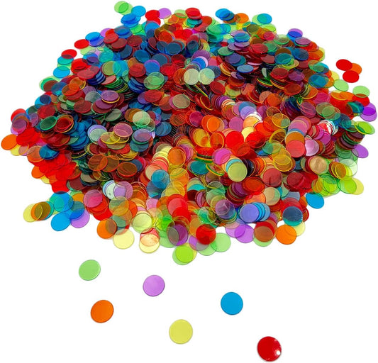 JUNWRROW 2000 Pieces 3/4 inch Transparent 6 Color Clear Bingo Counting Chips Plastic Markers for Large Group Games, Bingo Game,Game Night & Educational Activities