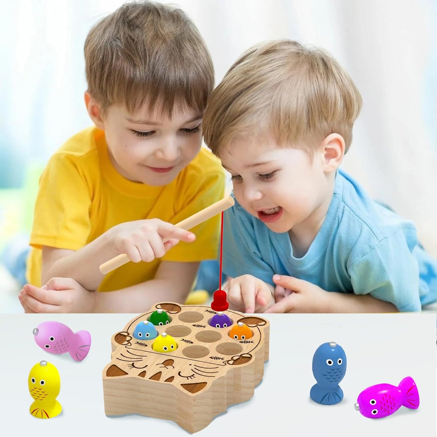 Wooden Magnetic Fishing Game for Toddlers 1-3, Montessori Sensory Busy Board Fine Motor Skills Toys for 1 2 3 Years Old Boys Girls (Frog B-Fish Game)