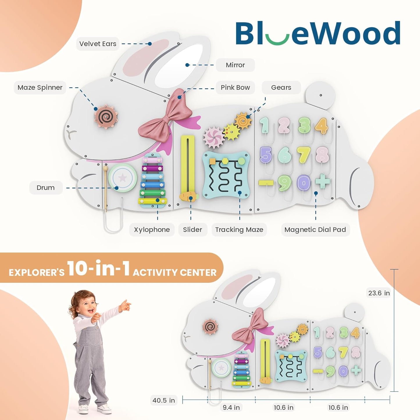 BlueWood Wooden Wall Busy Board Panels, Toddler Learning Activity Center, Montessori Philosophy Sensory, Educational Toys, Conducive to All-Round Development - Whale