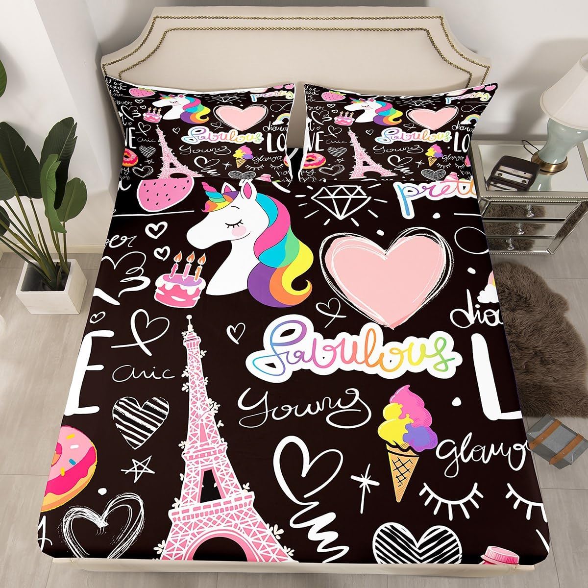 Manfei Musical Kids Fitted Sheet Full Size, MusicalGuitar Radio Drum Kit Headset Print Bedding Set 3pcs for Boys Girls, Rock Music Bed Cover with 2 Pillowcases, Soft Polyester Bedding, No Top Sheet