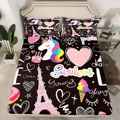 Manfei Musical Kids Fitted Sheet Full Size, MusicalGuitar Radio Drum Kit Headset Print Bedding Set 3pcs for Boys Girls, Rock Music Bed Cover with 2 Pillowcases, Soft Polyester Bedding, No Top Sheet