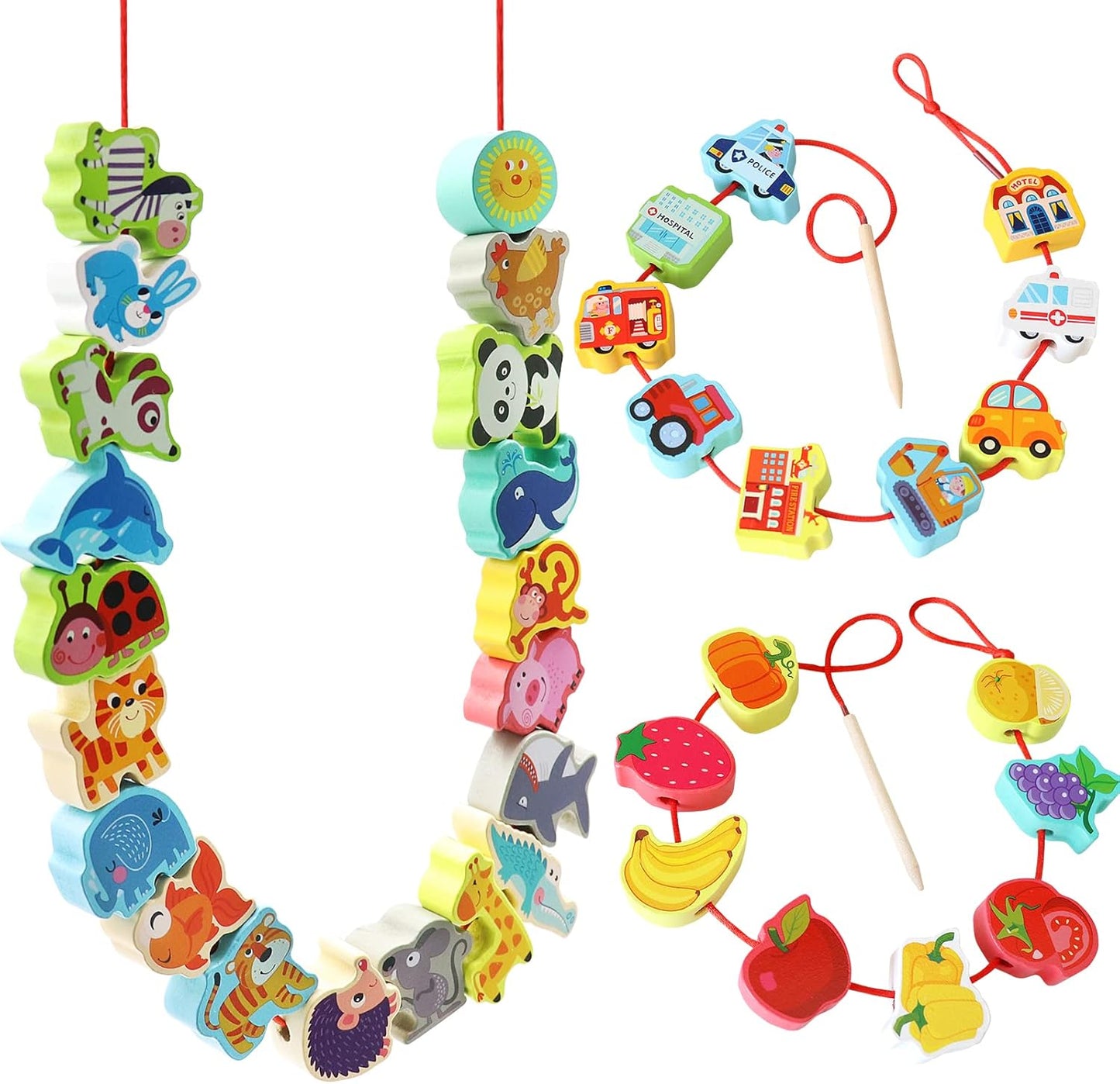 BMTOYS Montessori Educational Threading Toys Wooden Stringing Farm Animals Fruits Lacing Beads Preschool Toy for Toddler 3 4 5 Year Old Boys Girls