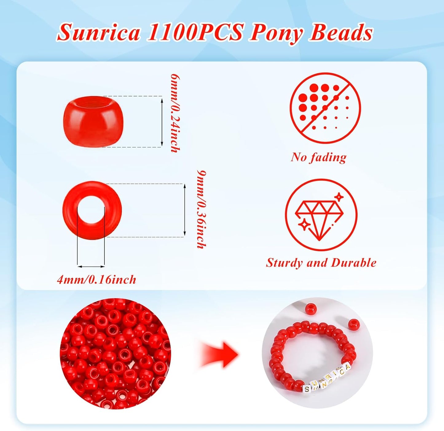 1100Pcs Red Pony Beads 6x9mm Large Hole Plastic Hair Beads for Braids, Kandi Bracelets, Keychains, Jewelry Making
