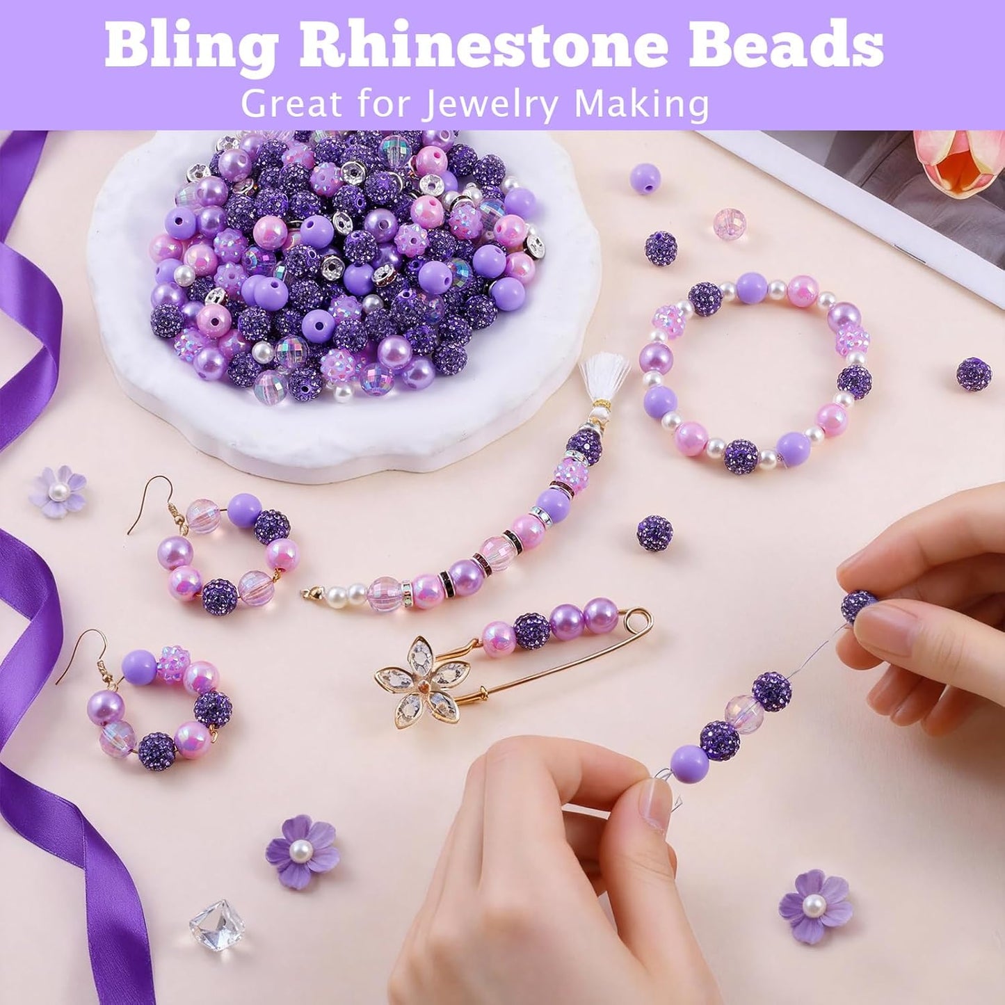 300 Pcs Diamonds Beads for Jewelry Making, Included 10 mm Red Rhinestone Beads for Bracelets, Bubblegum Bead for Pen Making, Pearl and Spacer Bead for Bracelet Necklace Earring Crafting