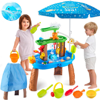 Water Table for Toddlers 3-5 Outdoor Toys for Kids Ages 4-8 3-Tier Kids Sand Water Tables with Fishing Game Set Activity Sensory Table Summer Gift Beach Outside Toys for Toddler Boys
