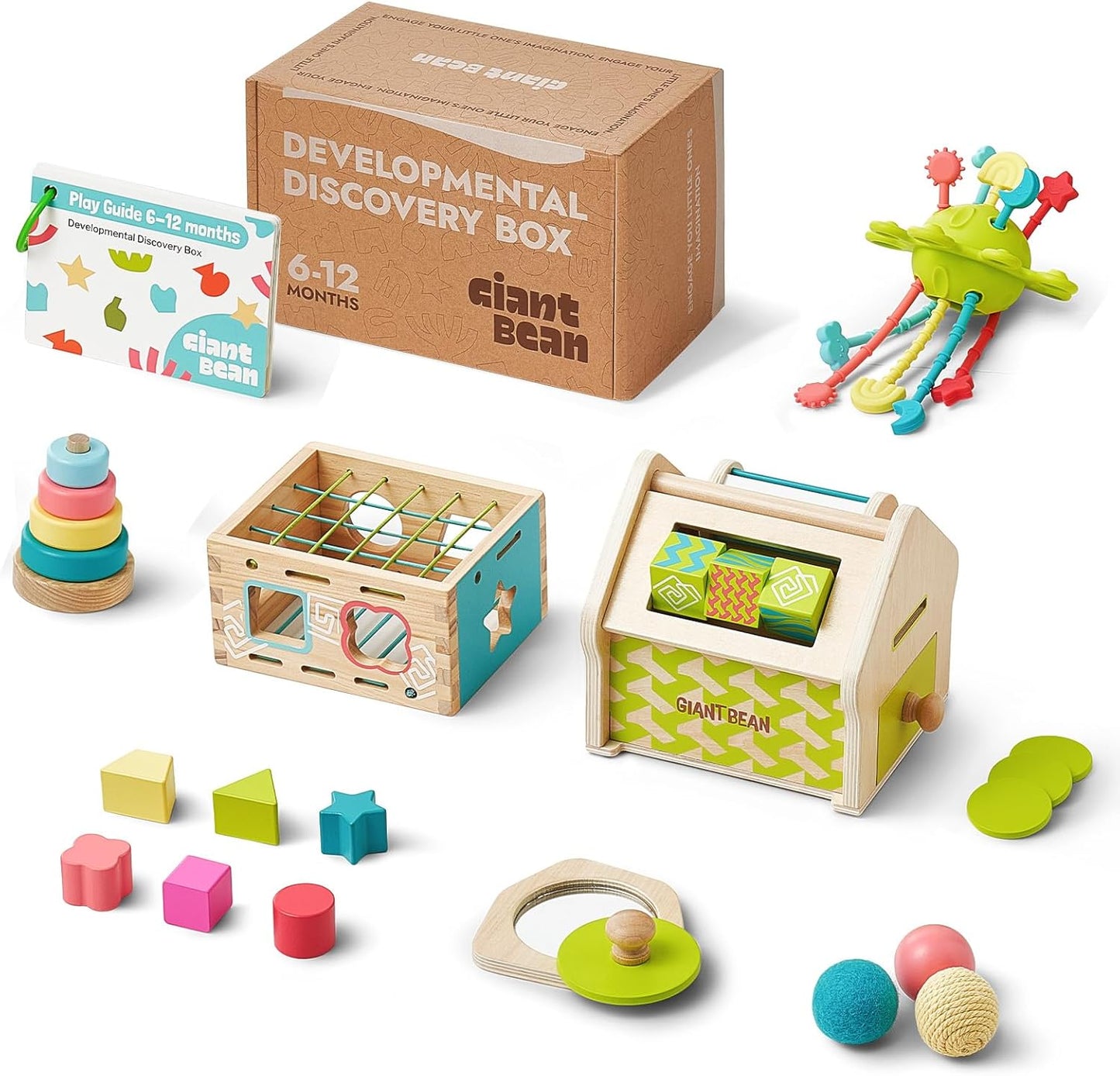 Giant bean Montessori Toys for Baby, 6-in-1 Wooden Early Education Learning Toys with Sensory Teething,Object Permanence Box,Shape Sorting Stacking Ring,Mirror Puzzle,Christmas Toy for Kid 1 2 3