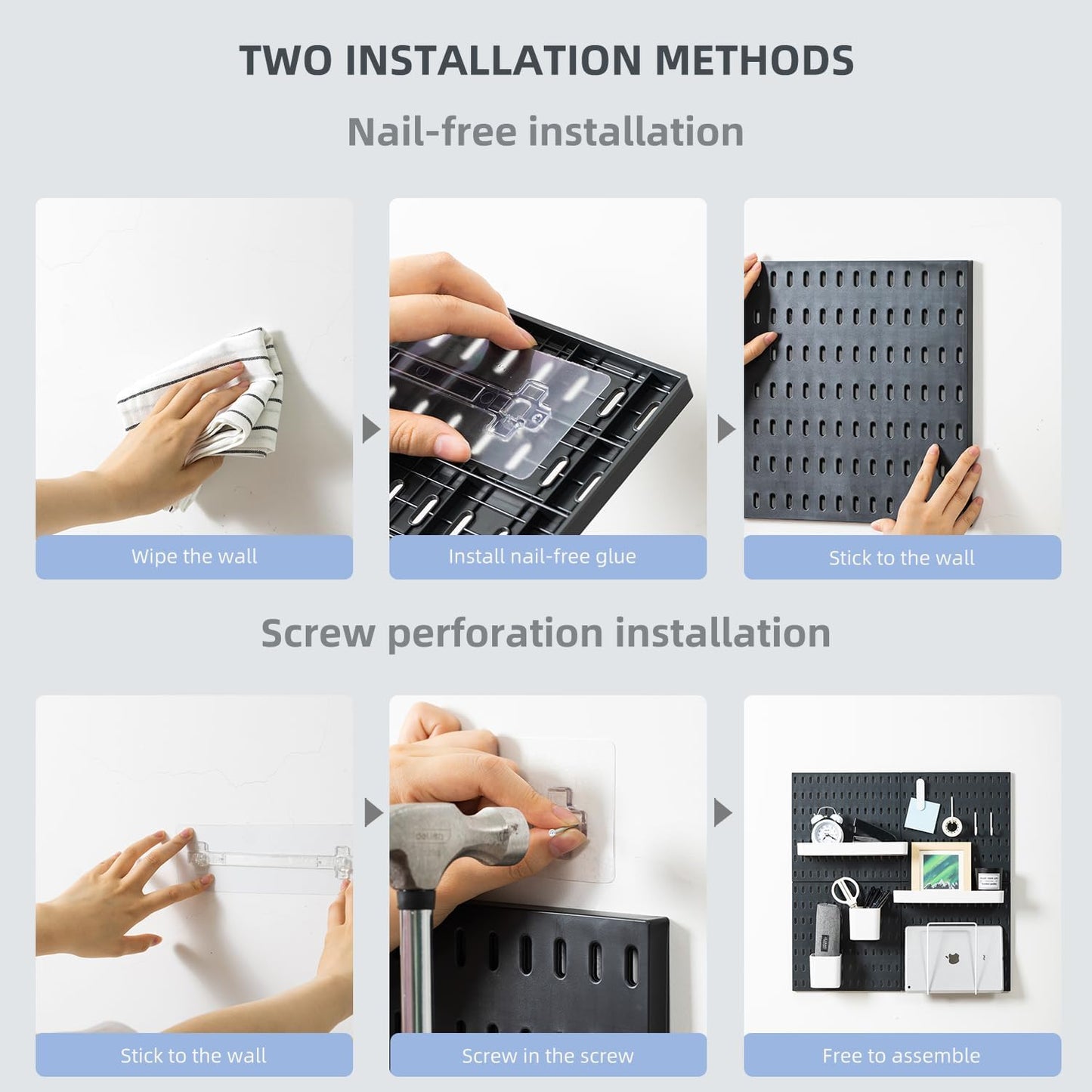 VUSIGN Pegboard Combination Wall Organizer Kit, 4 Pieces Pegboards and 17 Accessories Modular Hanging, Wall Mount Display Peg Board Panel Kits for Bedroom, Home, Office, Bathroom, 22" x 22", Pink