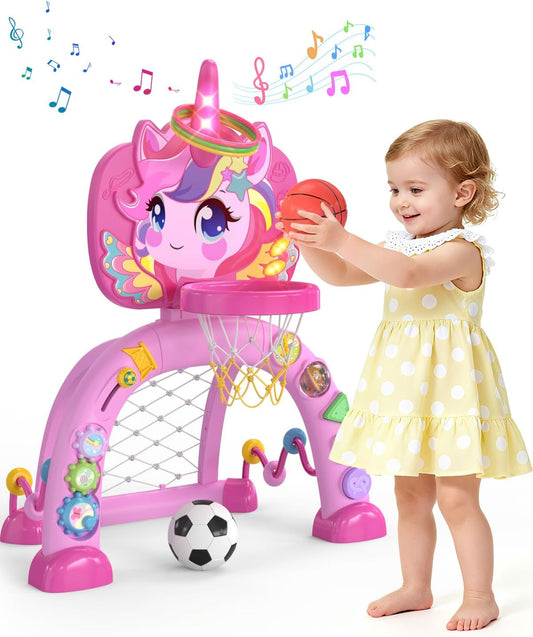 Toddler Basketball Hoop & Soccer Goal, Baby Toys for 1 2 3 Year Old Girls, Kids Sports Toys with Light Sound Music, Unicorn Musical Toys Gift, Christmas Birthday Gifts for Ages 12-18 Months