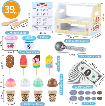 Mini Wooden Ice Cream Toys for Kids Pretend Play Kitchen Food Toys, Counter Shop Playset for Toddlers with Scoop & Menu & Fake Money for 3 4 5 6 Year Old Girls Boys Christmas Birthday Gifts