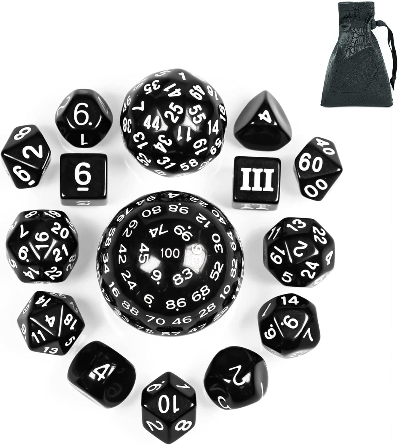 15 Pieces Complete Polyhedral DND Dice Set D3-D100 Spherical D&D Dice Set with Dragon Eye Dice Bag, D100 Dice for RPG Table Games(Black w/Purple Numbers)
