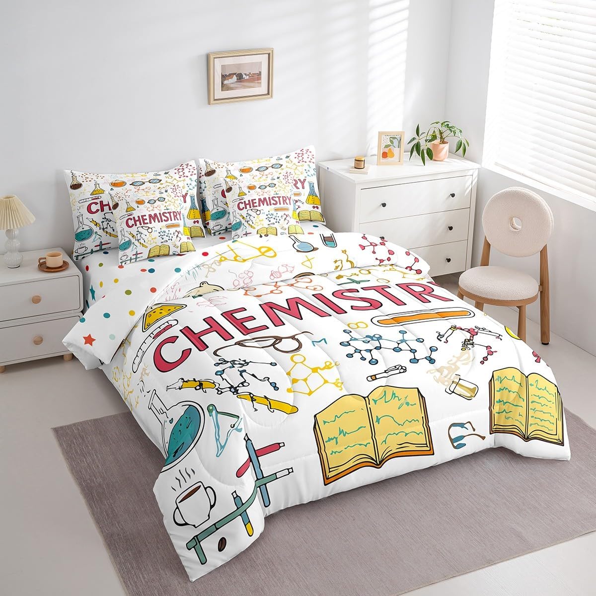 Erosebridal Chemical Equation Bed in a Bag Queen Comforter Set 7 Piece,Chemistry Bedding Sets Science Students Learning Gift Sheet Set with Comforter,Molecular Formula Education Bed Set - Colors B