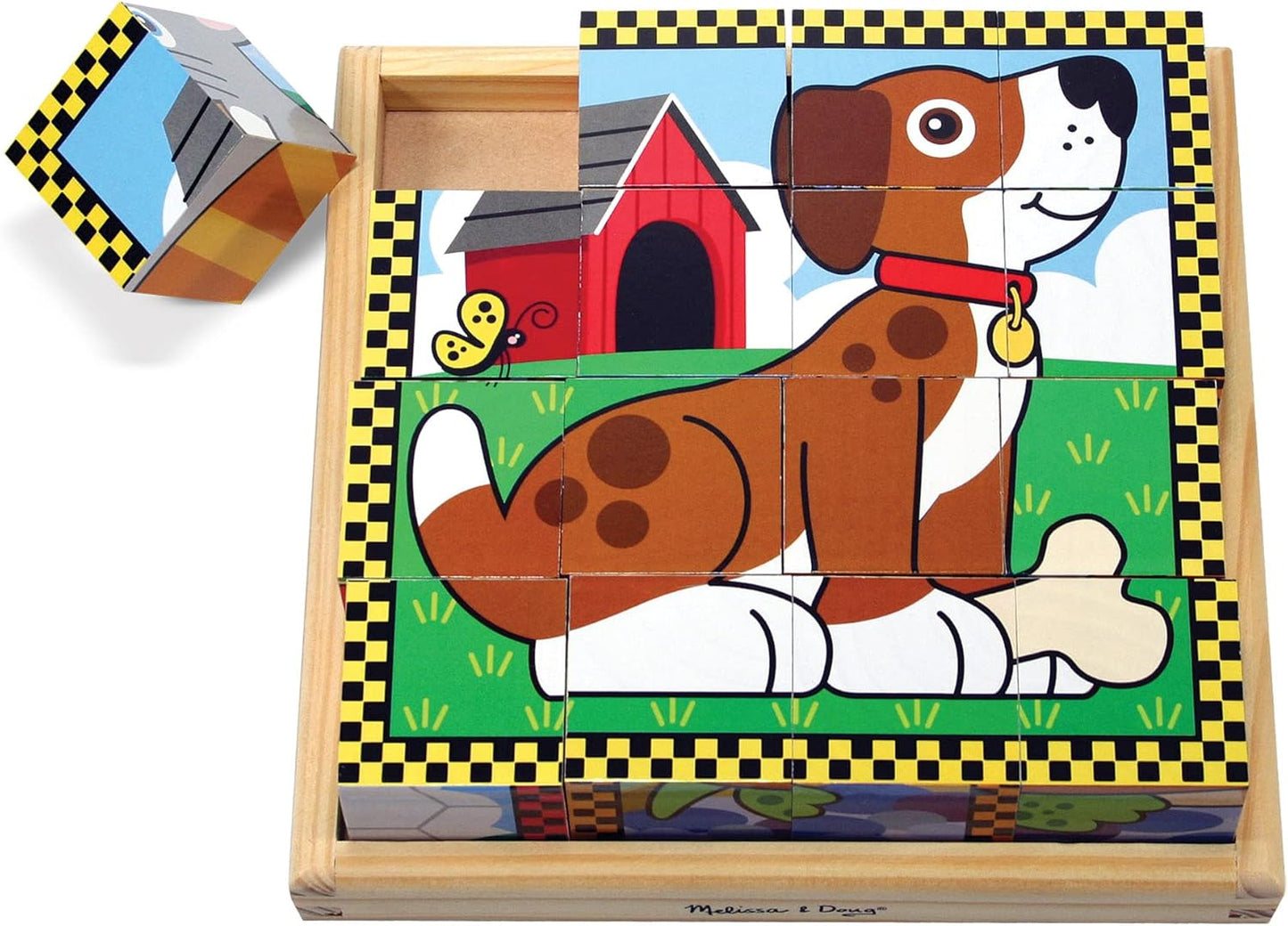 Melissa & Doug Pets Wooden Cube Puzzle With Storage Tray (16 pcs)