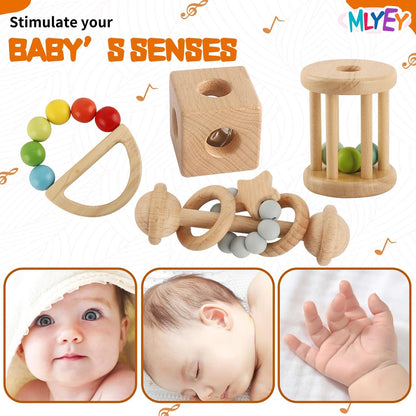 Wooden Rattles for Baby, 7PCS Wooden Montessori Toys for 7-24 Months Baby Boy Girl, Natural Beech Wood Grasping Toy, Gift for Babies