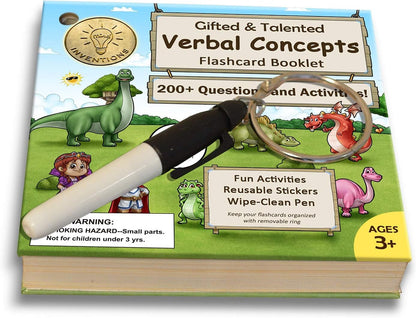 Gifted and Talented Flashcards (Wipe Clean) - Essential Verbal Concepts and Vocabulary; for Pre-K - Kindergarten; 90 flashcards with Over 200 Questions, Stickers, Fun Activities, Games, Pen Included