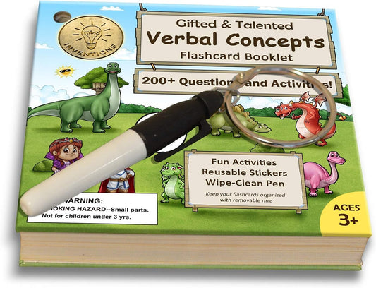 Gifted and Talented Flashcards (Wipe Clean) - Essential Verbal Concepts and Vocabulary; for Pre-K - Kindergarten; 90 flashcards with Over 200 Questions, Stickers, Fun Activities, Games, Pen Included