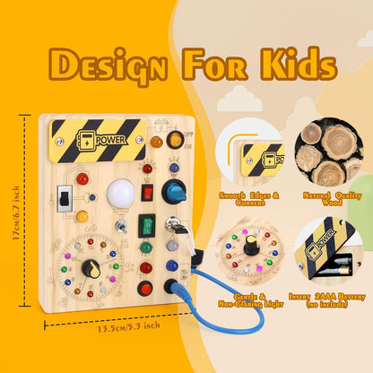 Hoarosall Montessori Wooden Busy Board with 8 LED Light switches, Sensory Toys Light Switch Travel Toys for 1+ Year Old Baby and Toddler