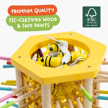 Nene Toys BeeFall Jumbo, 4-in-1 Wooden Honey Bee Toy for Kids Ages 3-9 - Educational Game with Wooden Honeybee Hive, 12 Bees, Colorful Sticks, Dice & Cards - Fun Family Game for Cognitive Development