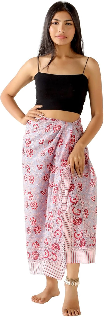 100% Cotton Sarong Cover Up for Women Indian Block Print Beach Wrap Skirt Long Boho Swimsuit Bikini Pareo (73” x 43”)
